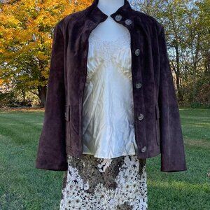 Chocolate Brown Suede Jacket with posh button details on the front and cuffs